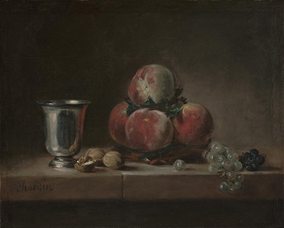 Artwork Image: Still Life with Peaches, a Silver Goblet, Grapes, and Walnuts (1759) by Jean-Baptiste-Simeon Chardin